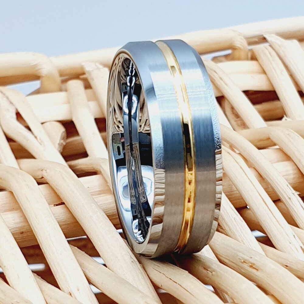 Two-Tone Tungsten Carbide Ring with Gold Groove Accent W131 - Picture 2 of 5